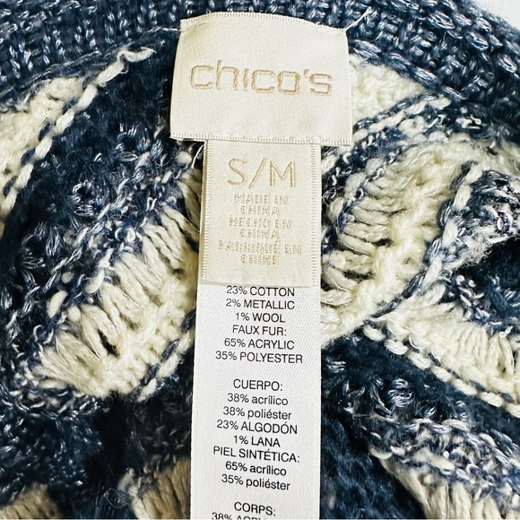 Chico’s Women’s Sz S/M Cream, Blue & Metallic Stripes Pullover Sweater Poncho - Picture 6 of 7